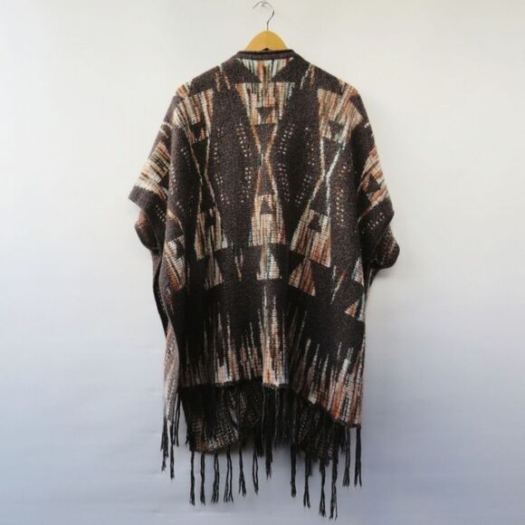 Boho Southwestern Women Size Large Open Front Gray Neutral Beige Fringe Poncho - Picture 9 of 12